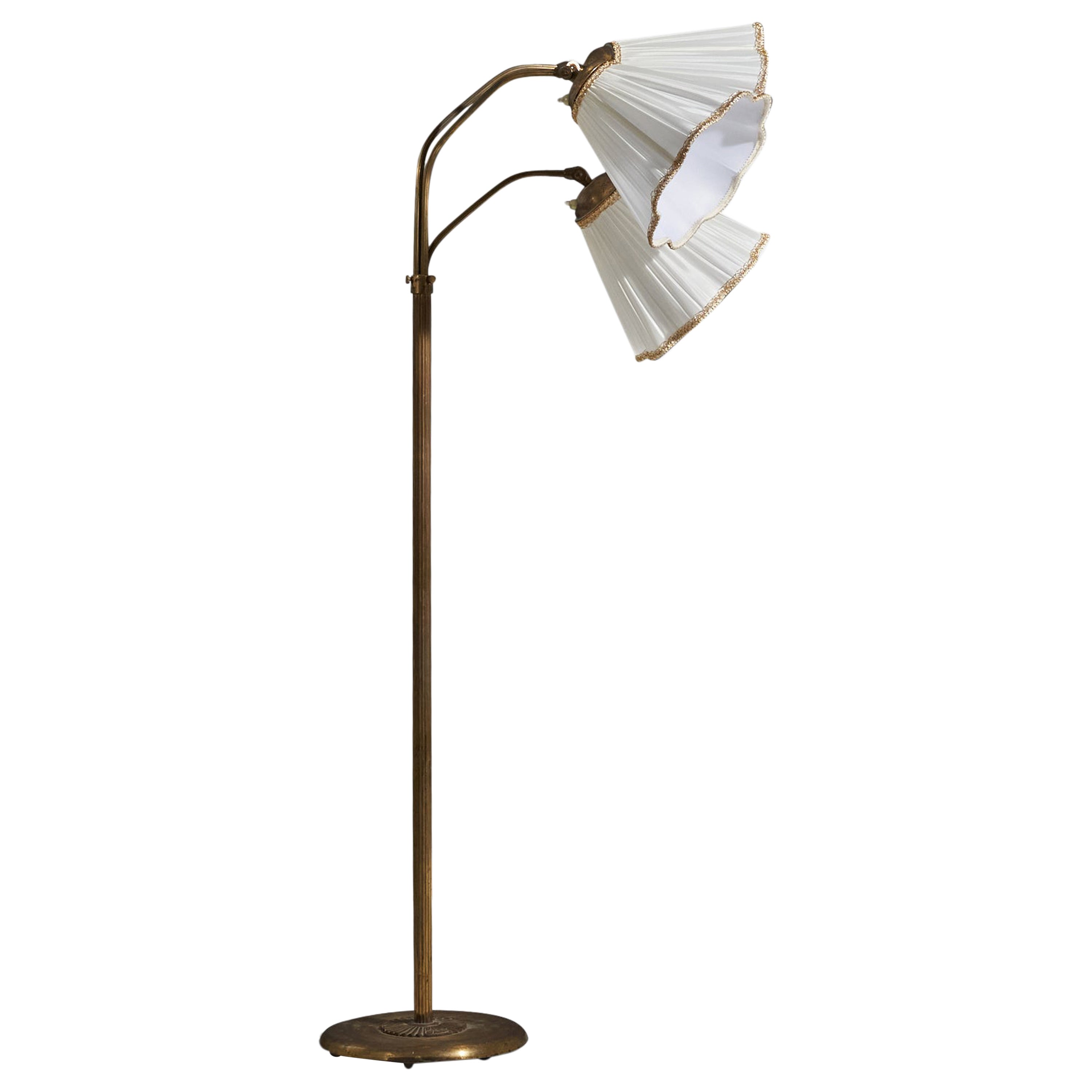 Swedish Designer, Floor Lamp, Brass, Fabric, Sweden, 1930s For Sale