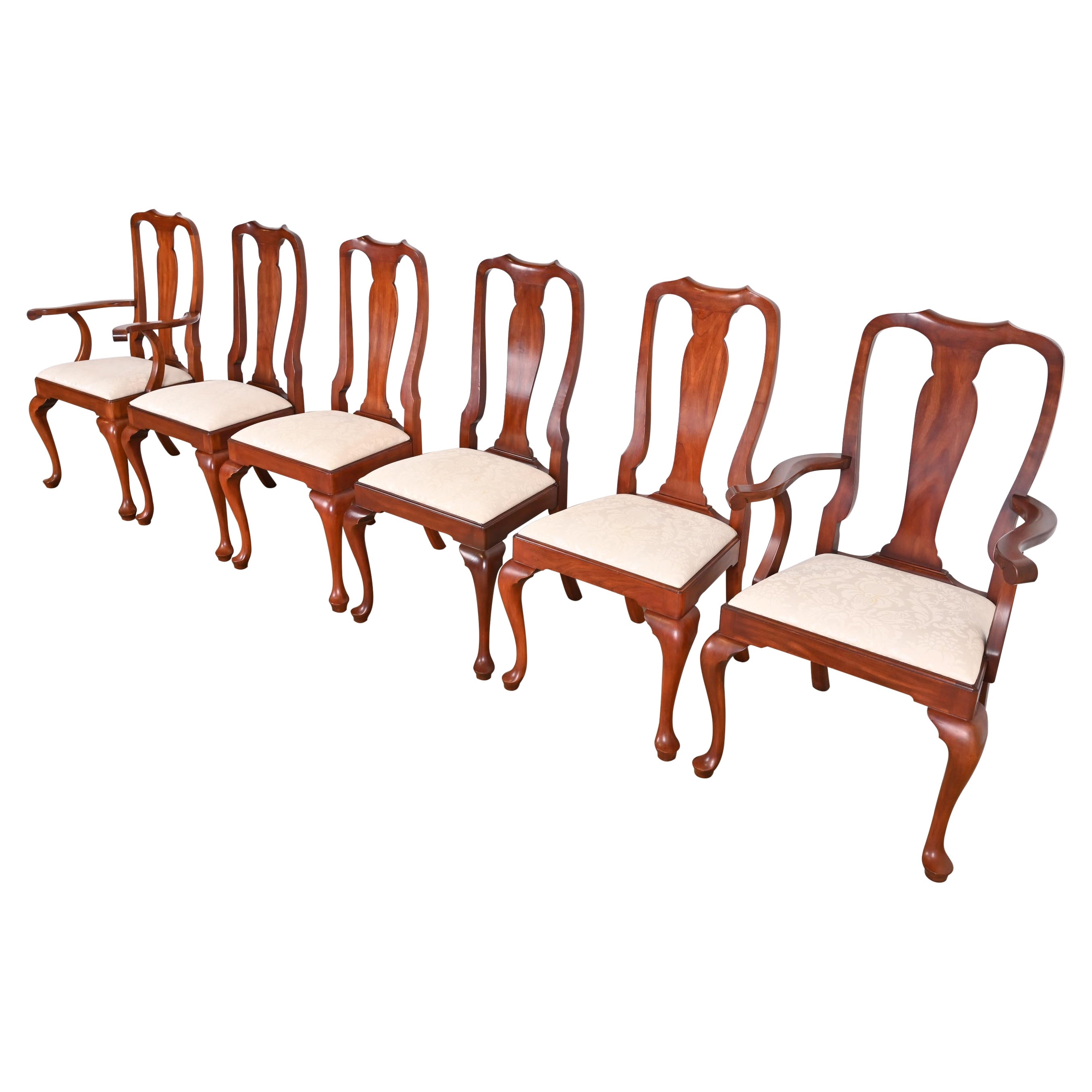 Henkel Harris Queen Anne Solid Cherry Wood Dining Chairs, Set of Six