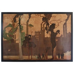 Antique Rowley Gallery Intarsia Wood Panel Designed by Sir Frank Brangwyn