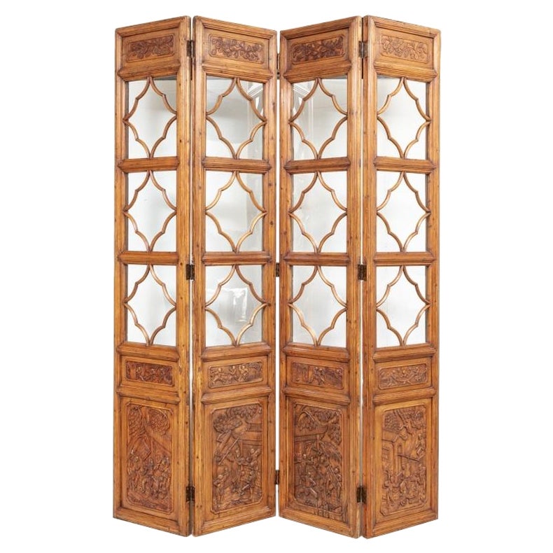 Superb and Architectural Chinese Carved Wood and Glass Four-Panel Screen For Sale