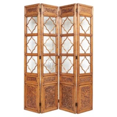Superb and Architectural Chinese Carved Wood and Glass Four-Panel Screen