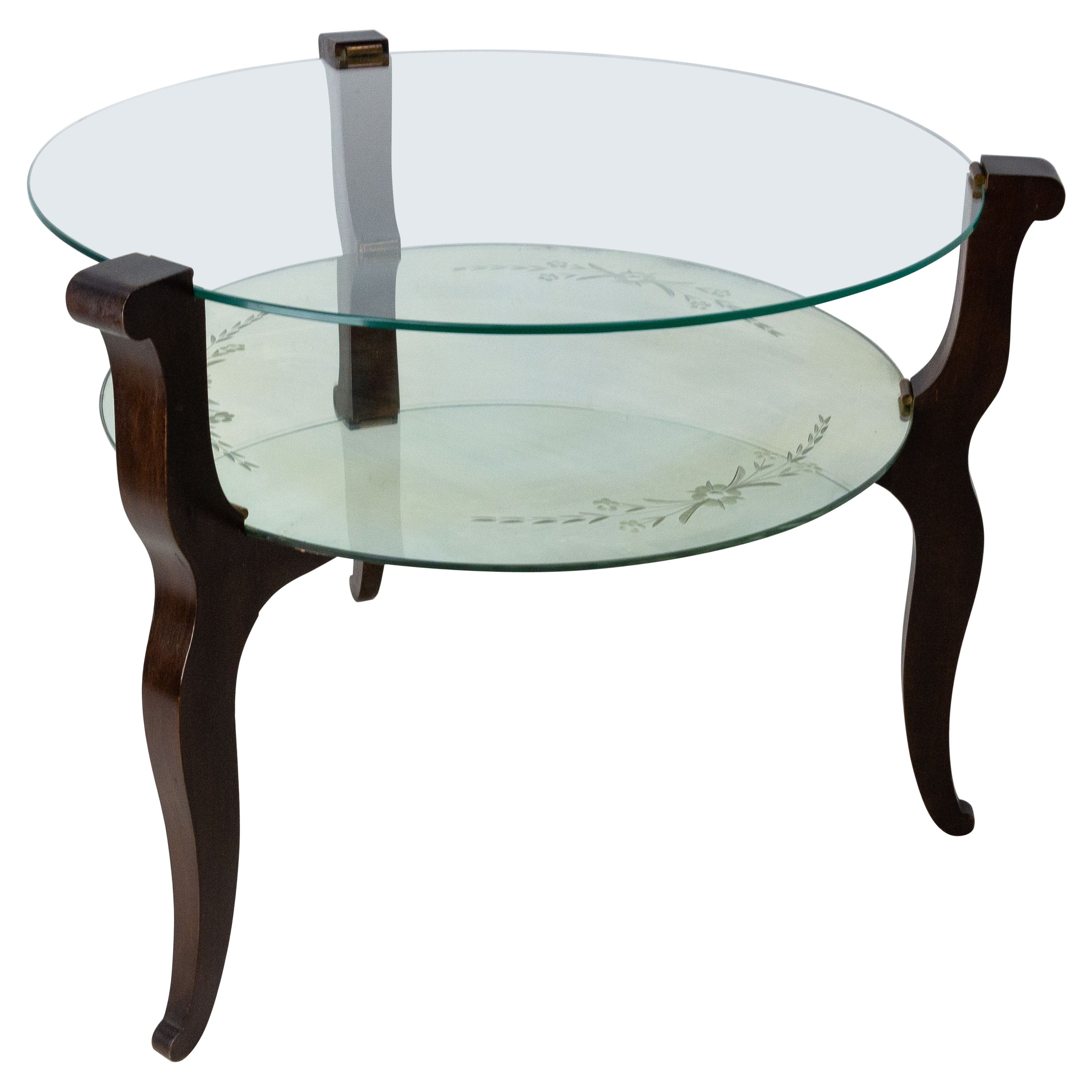 Coffee Table Mid-Century Glass, Engraved Mirror and Wood, France, 1960 For Sale