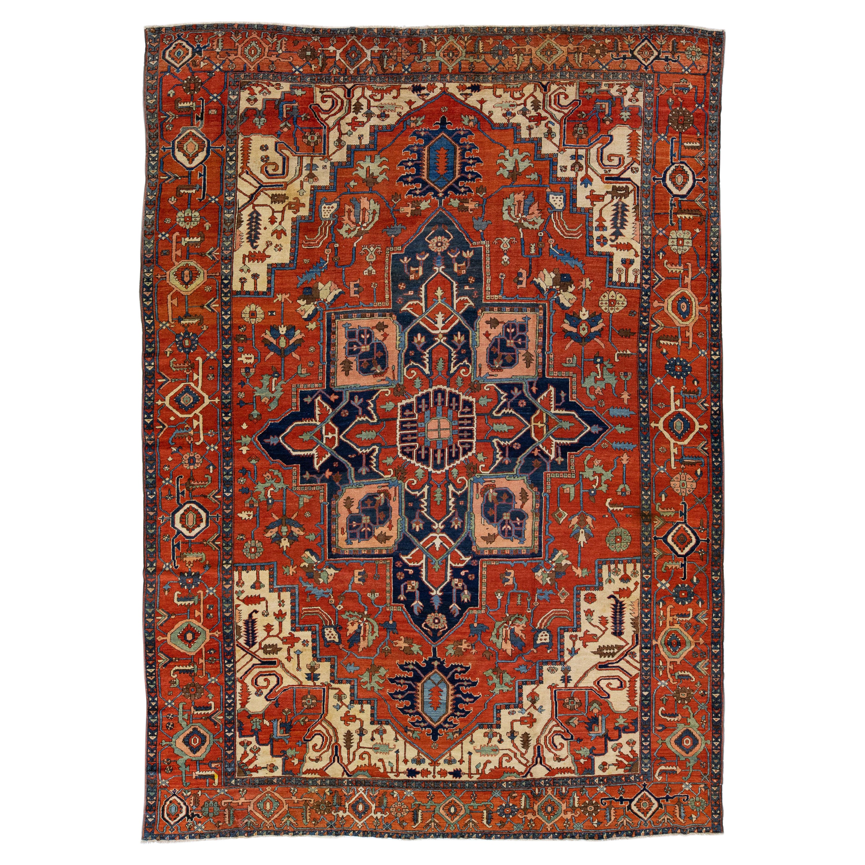 Rust Antique Persian Serapi Handmade Medallion Wool Rug For Sale