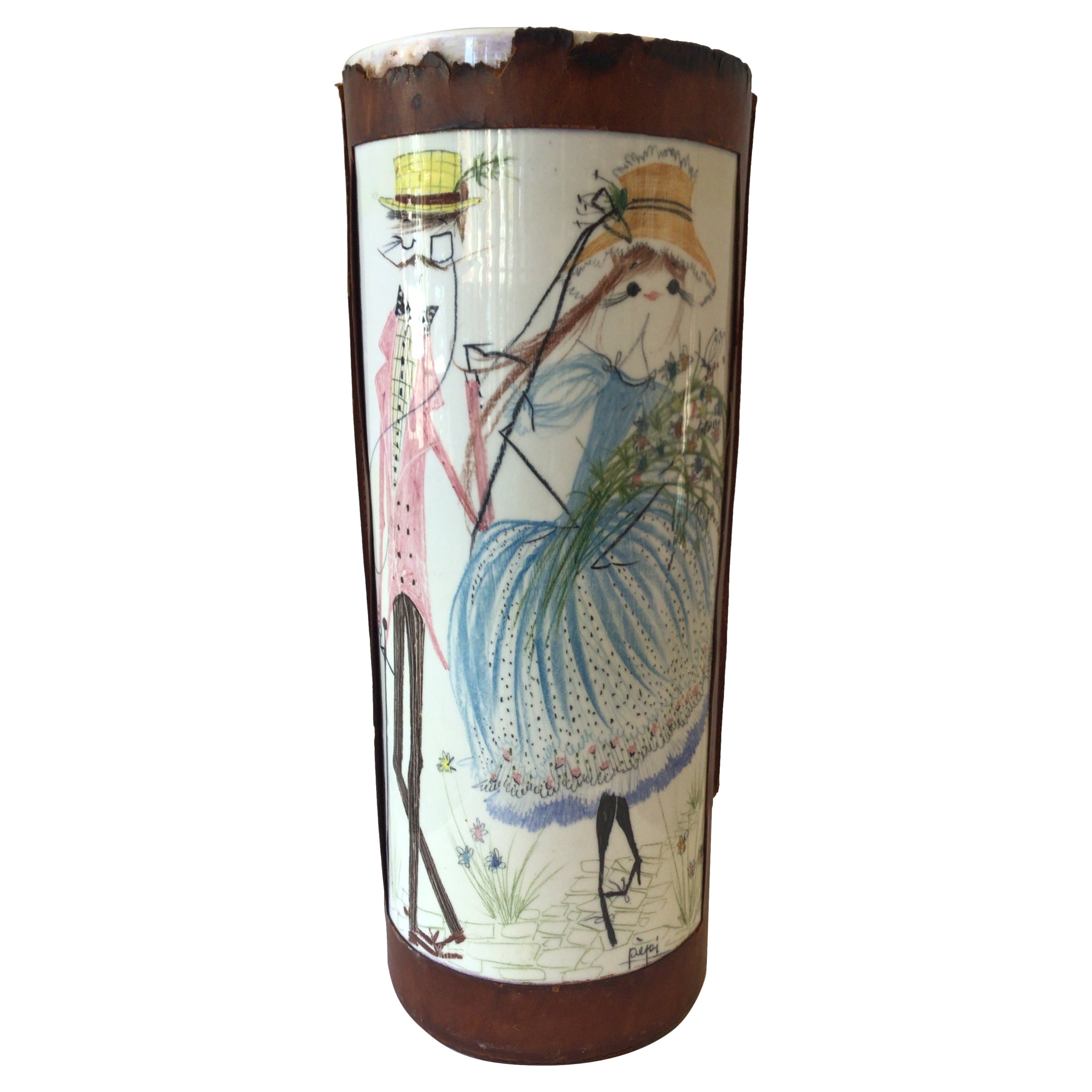1960er Jahre Quadrifoglio Italienisches Leder / Keramik handbemalte Vase /  Schirmständer
