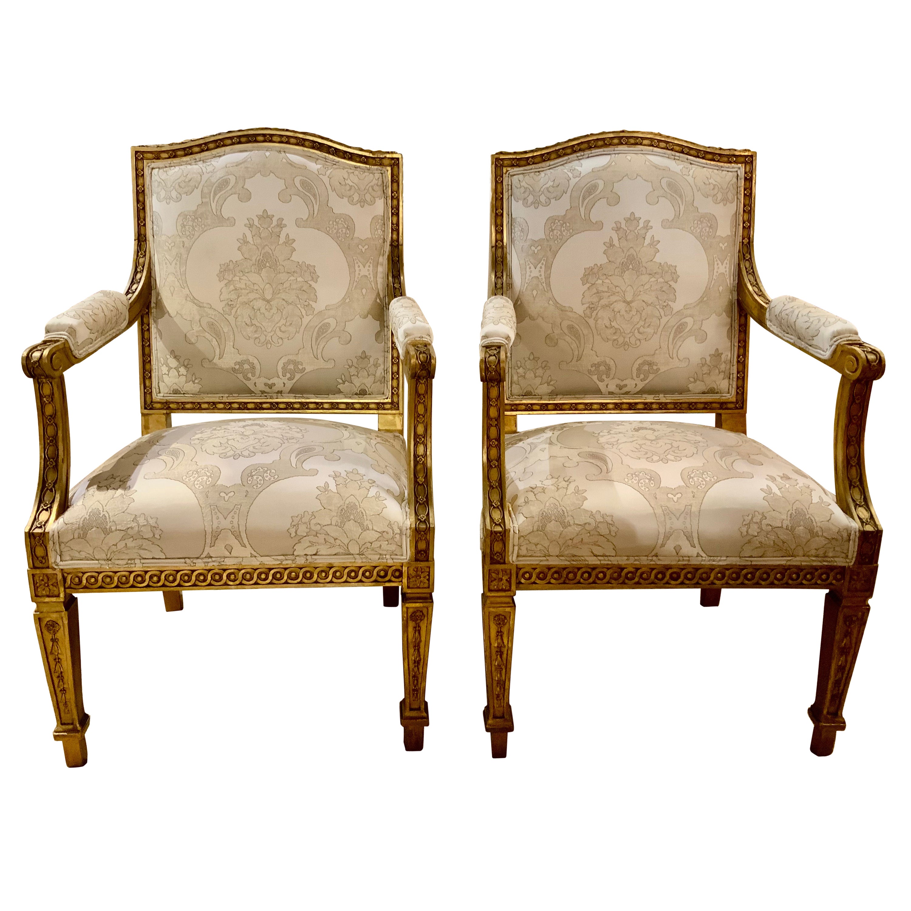 Pair of French Giltwood  Louis XVI-Style Arm Chairs /Fauteuils 19th Century For Sale