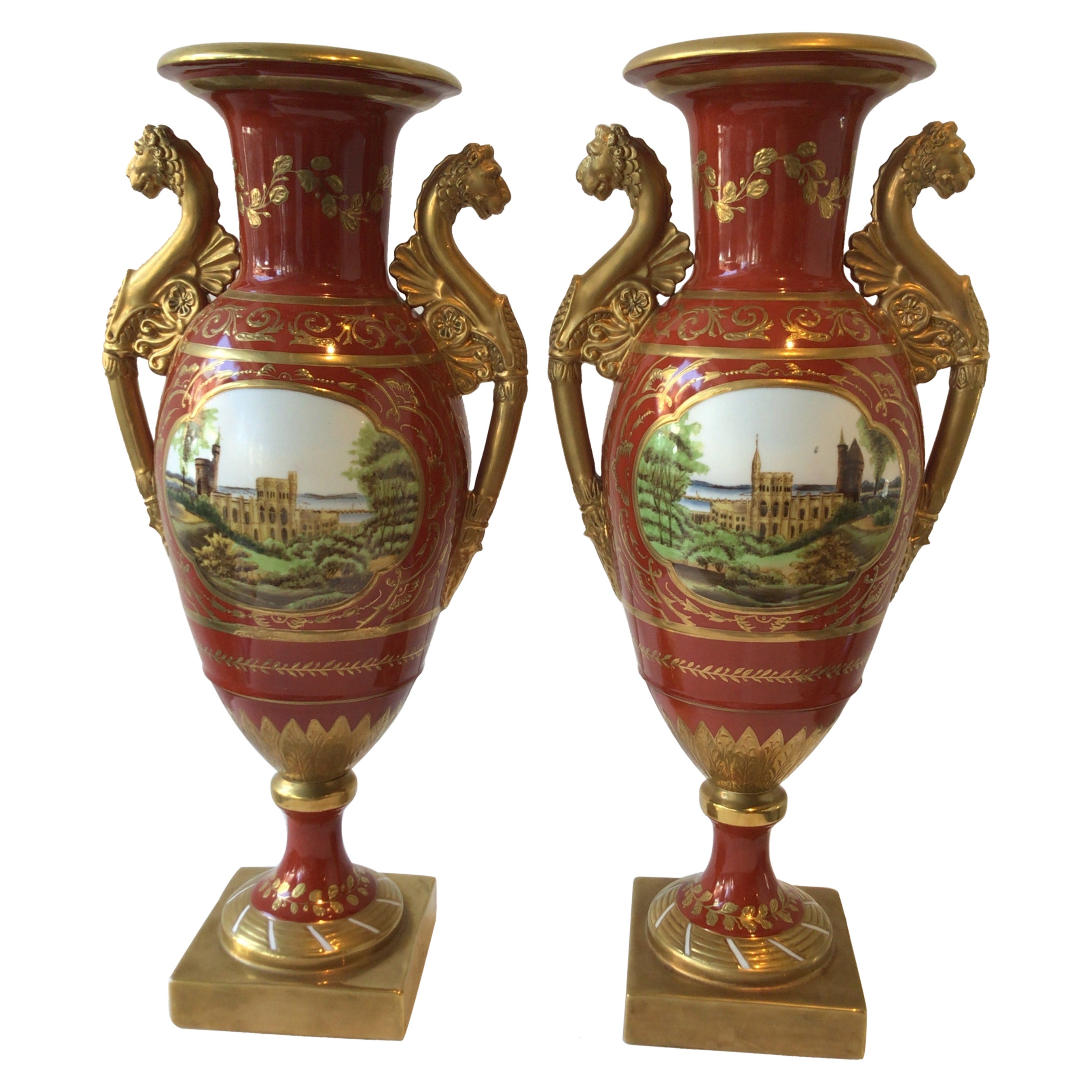 Pair of 1990s Chelsea House French Neo Classic Style Hand Painted Vases For Sale