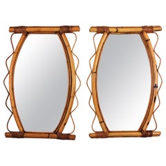 Pair of French Riviera Rattan Mirrors, 1950s