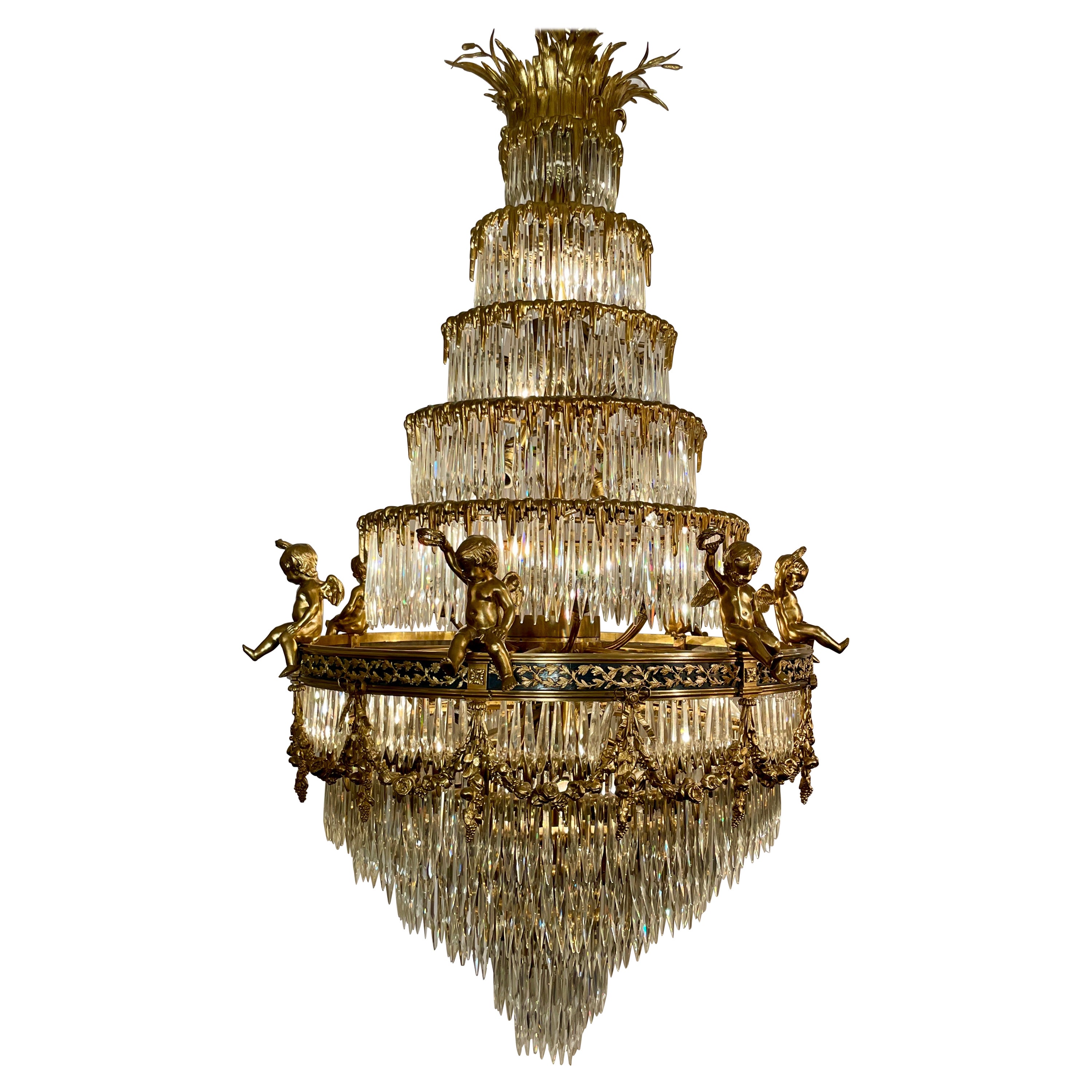 Antique French Baccarat Crystal & Bronze D'Ore Waterfall Chandelier, Circa 1880s For Sale