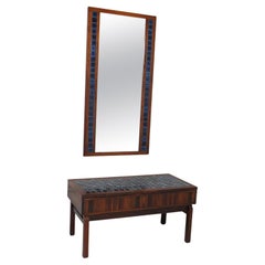 Vintage Rosewood and Blue Tile Entry Cabinet and Mirror