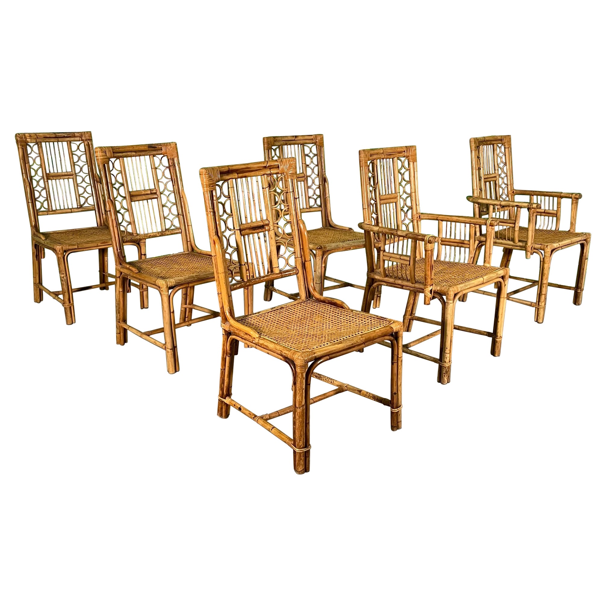 Rattan and Wicker Fretwork Dining Chairs Attributed to Brighton, Set of 6