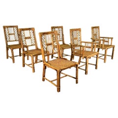 Rattan and Wicker Fretwork Dining Chairs Attributed to Brighton, Set of 6