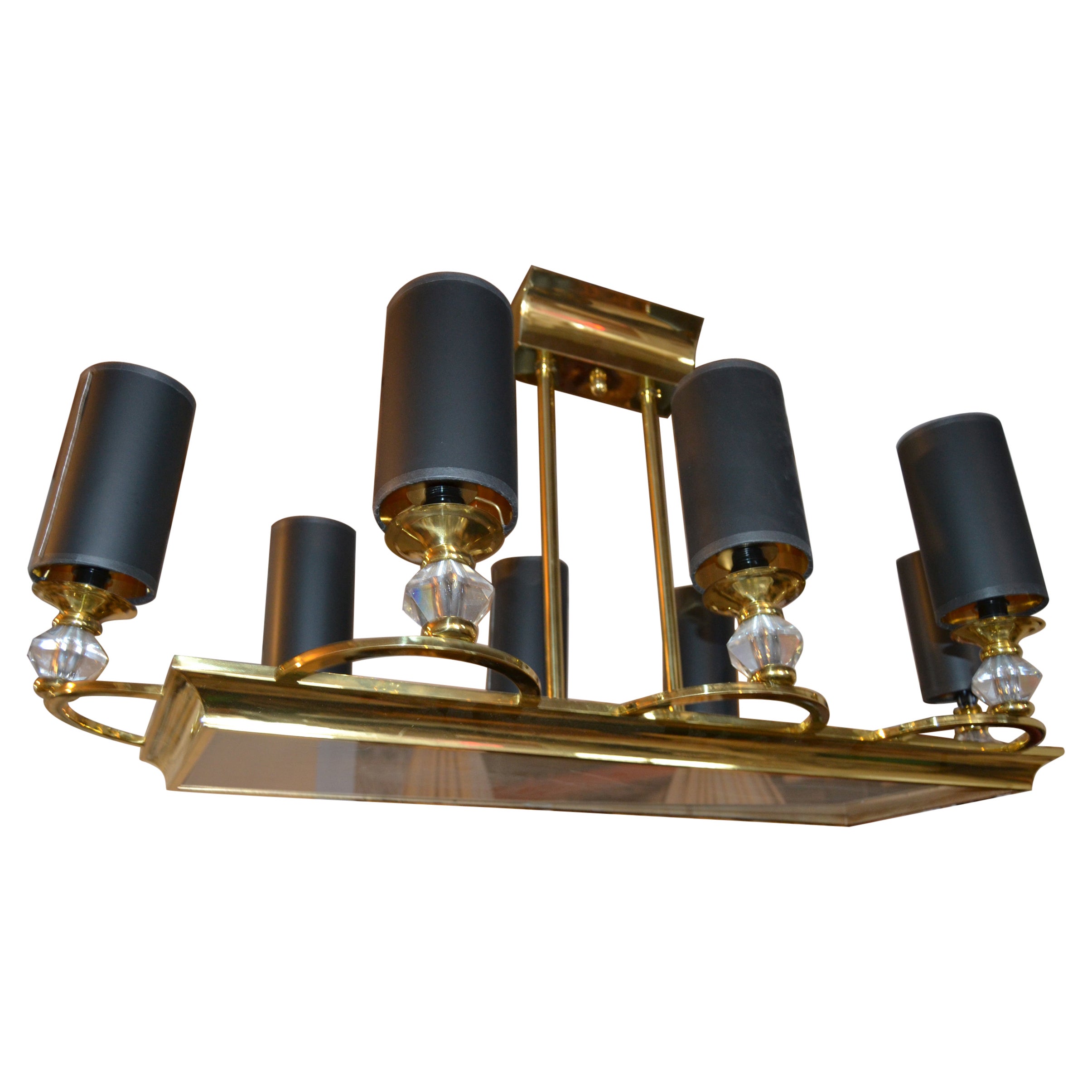 Maison Jansen Bronze, Faceted Glass & Etched Frosted Glass 8 Light Chandelier For Sale