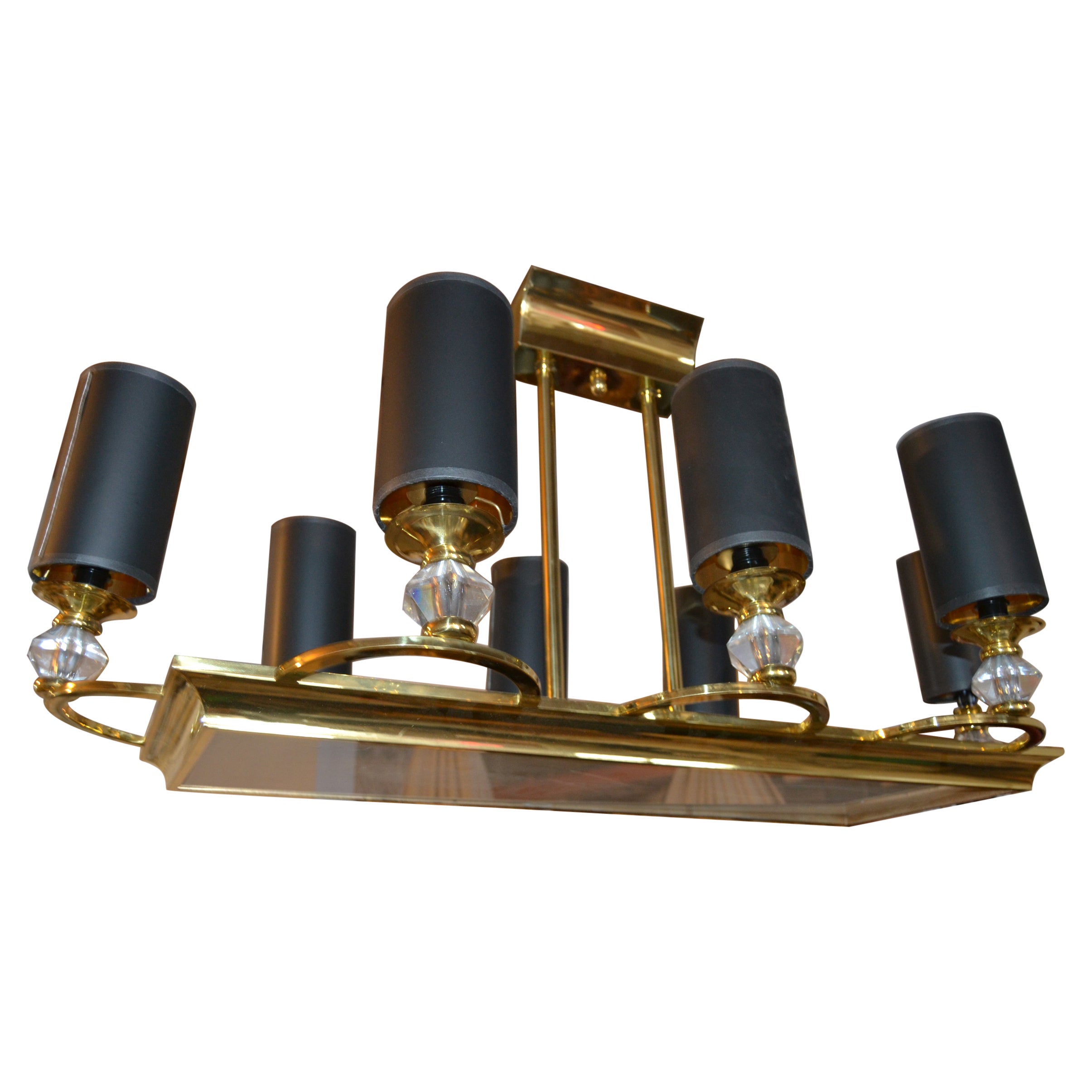 Maison Jansen Bronze, Faceted Glass & Etched Frosted Glass 8 Light Chandelier