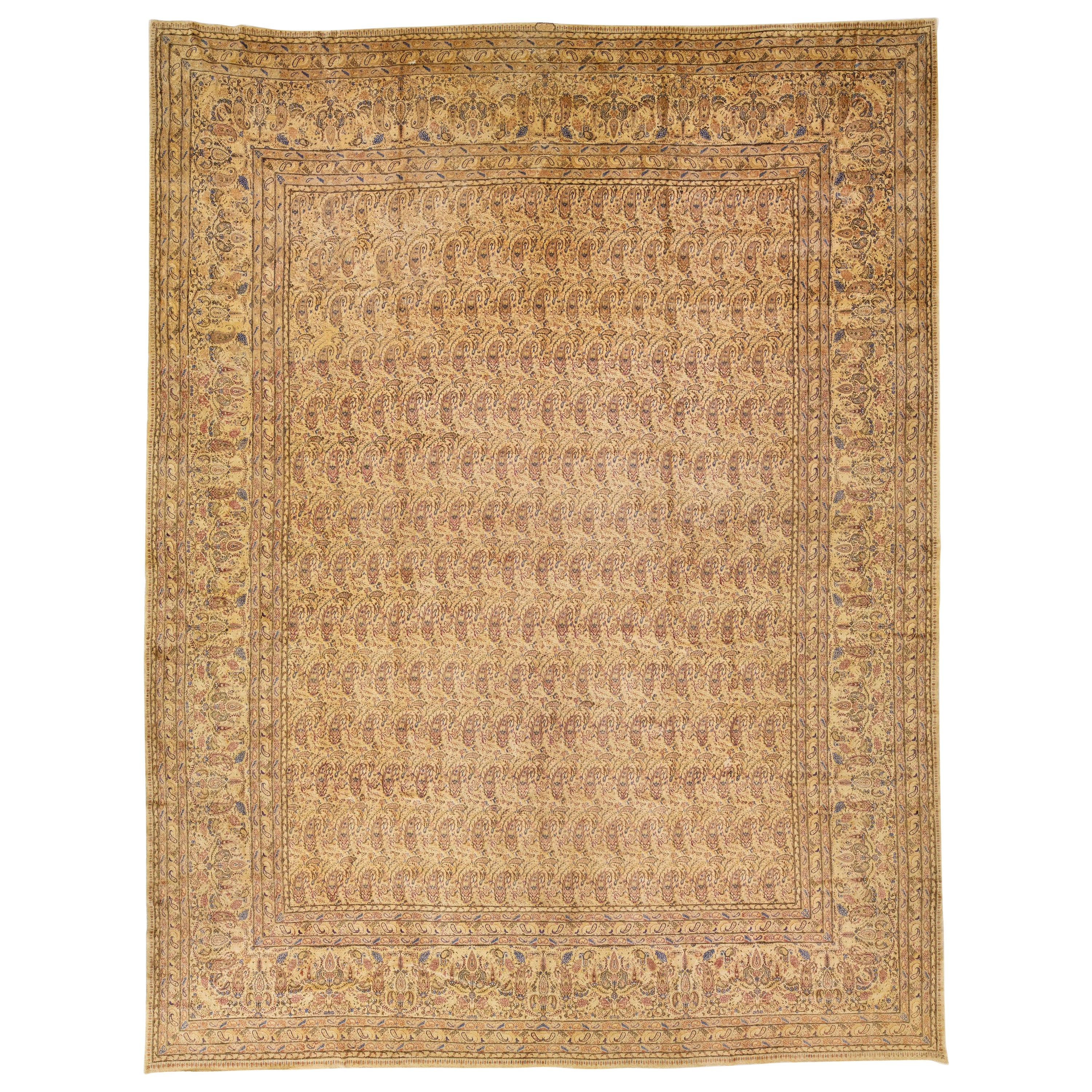 Tan Antique Kerman Handmade Allover Pattern Persian Wool Rug For Sale