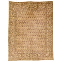 Tan Vintage Kerman Handmade Allover Pattern Persian Wool Rug