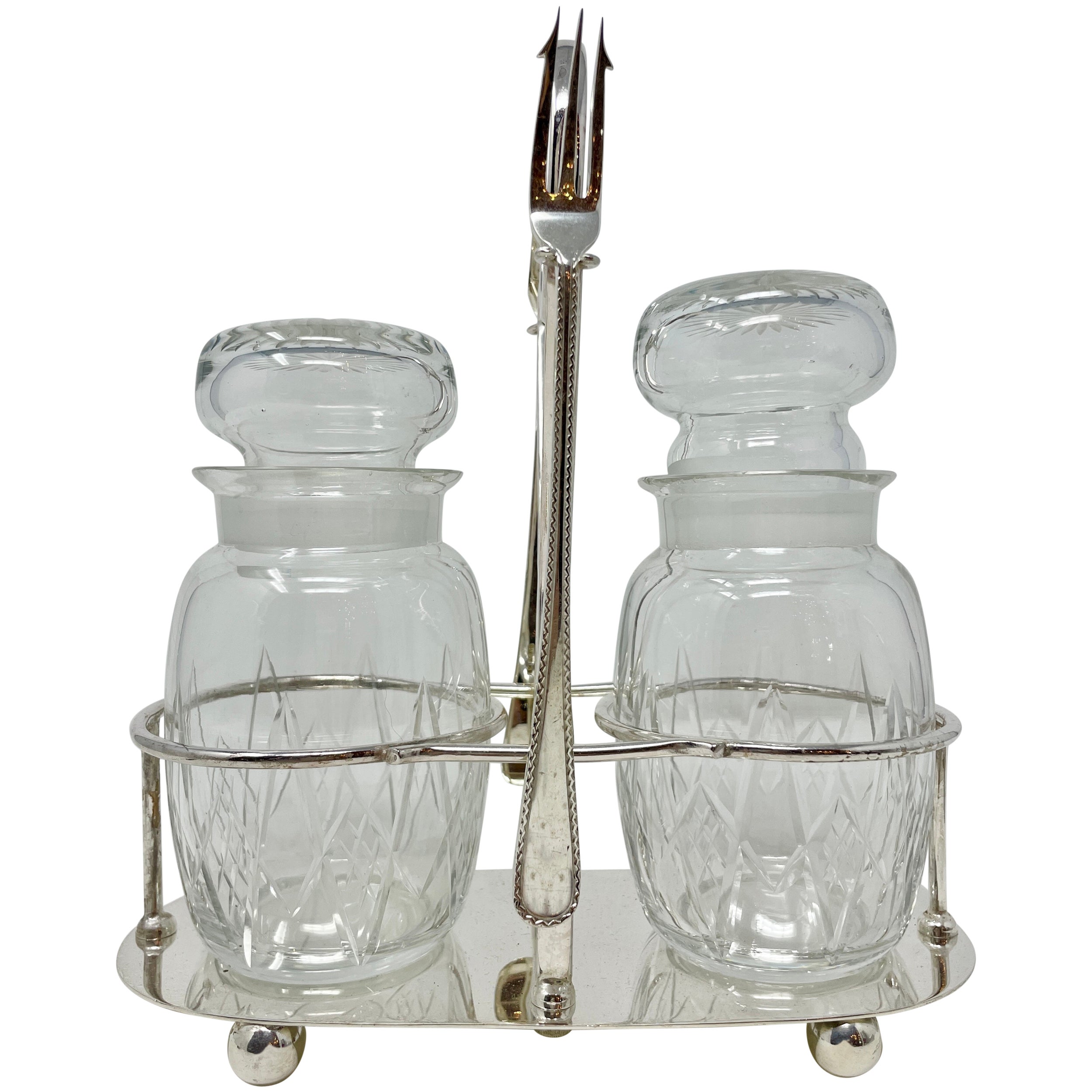 Antique English Crystal & Silver-Plate Double Jar Pickle Castor & Forks Ca 1900