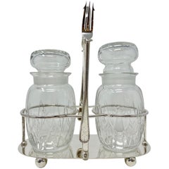 Antique English Crystal & Silver-Plate Double Jar Pickle Castor & Forks Ca 1900