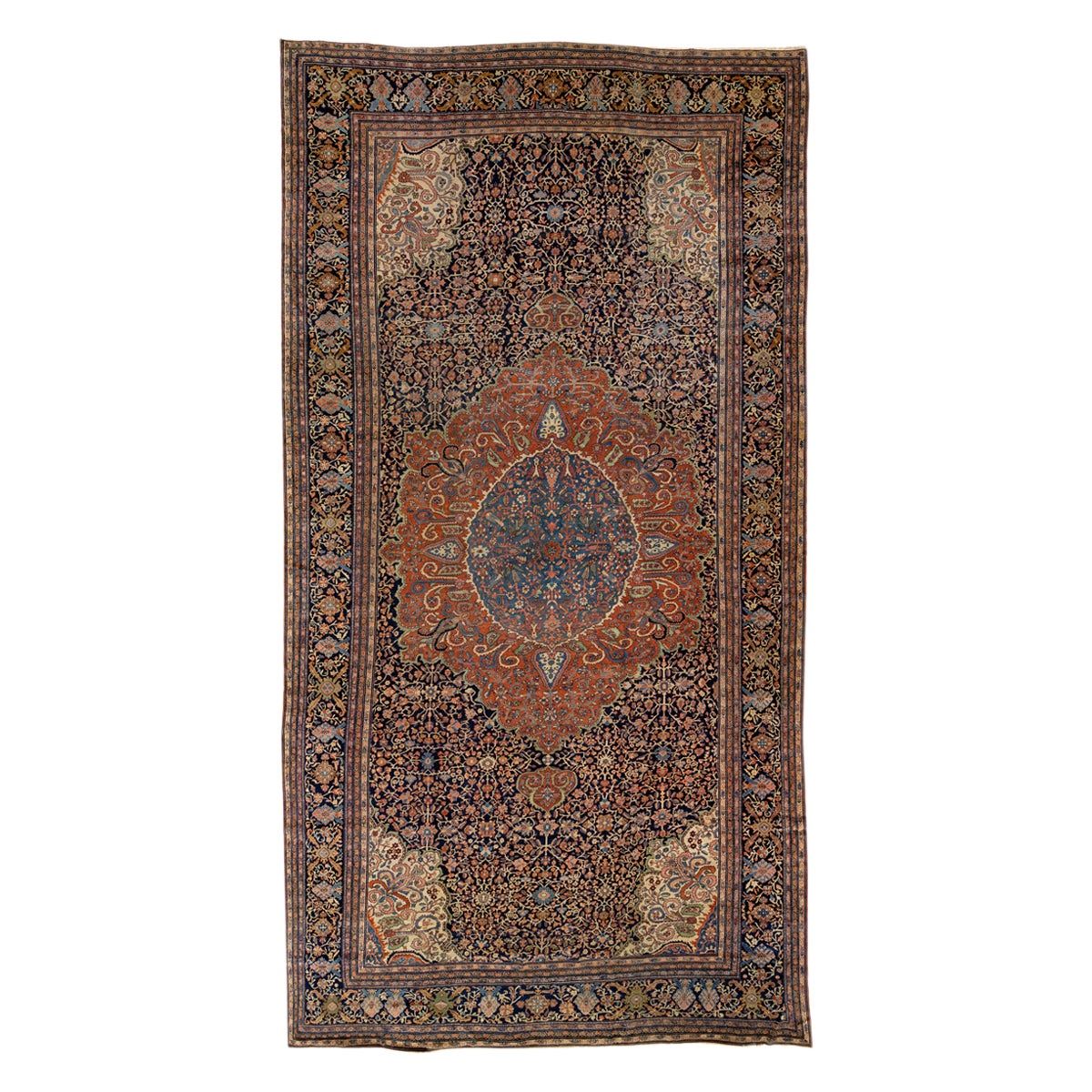 Antiker, handgefertigter, blauer und rostfarbener persischer Wollteppich mit Rosette-Motiv aus Farahan