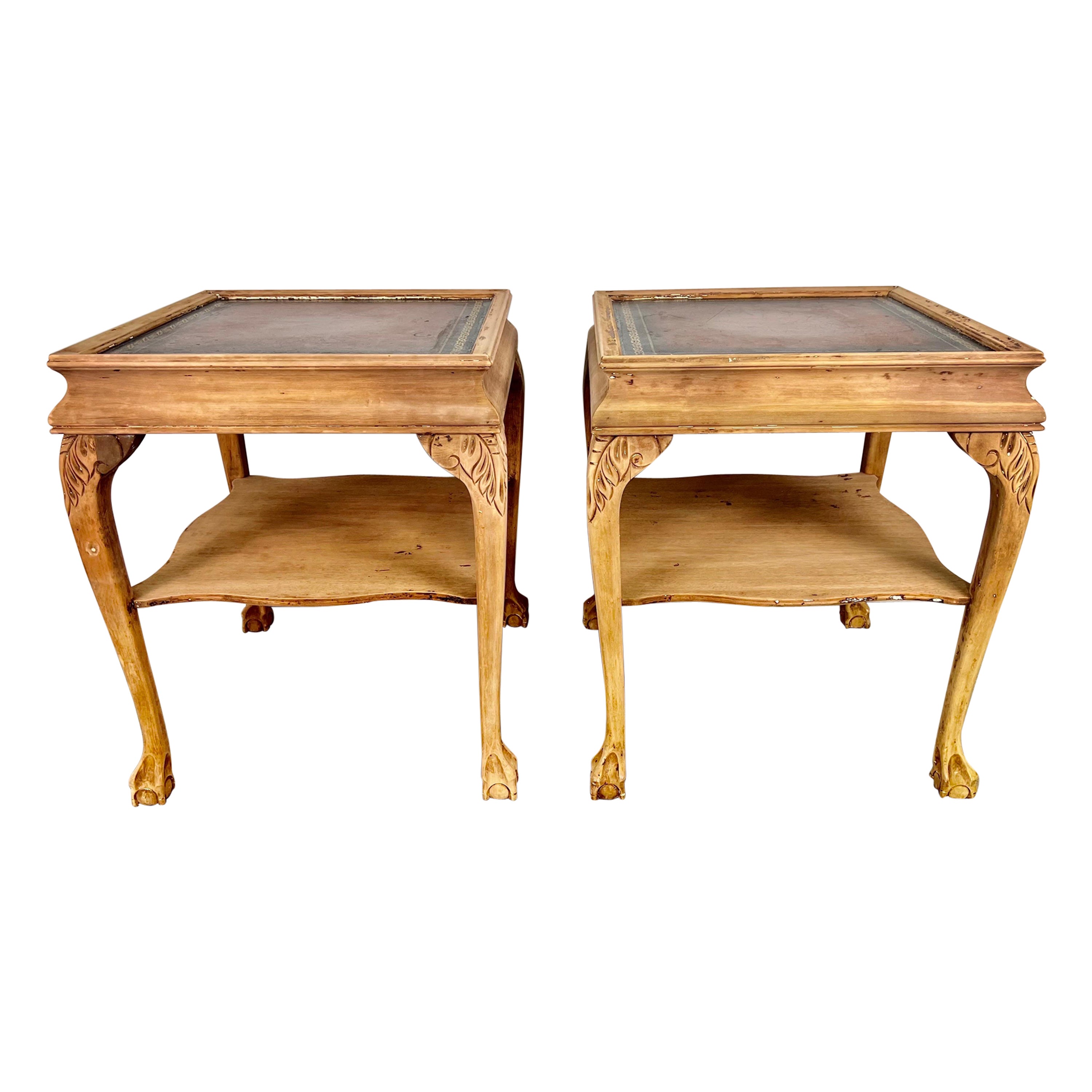 Pair of English Chippendale Style Leather Top Tables For Sale
