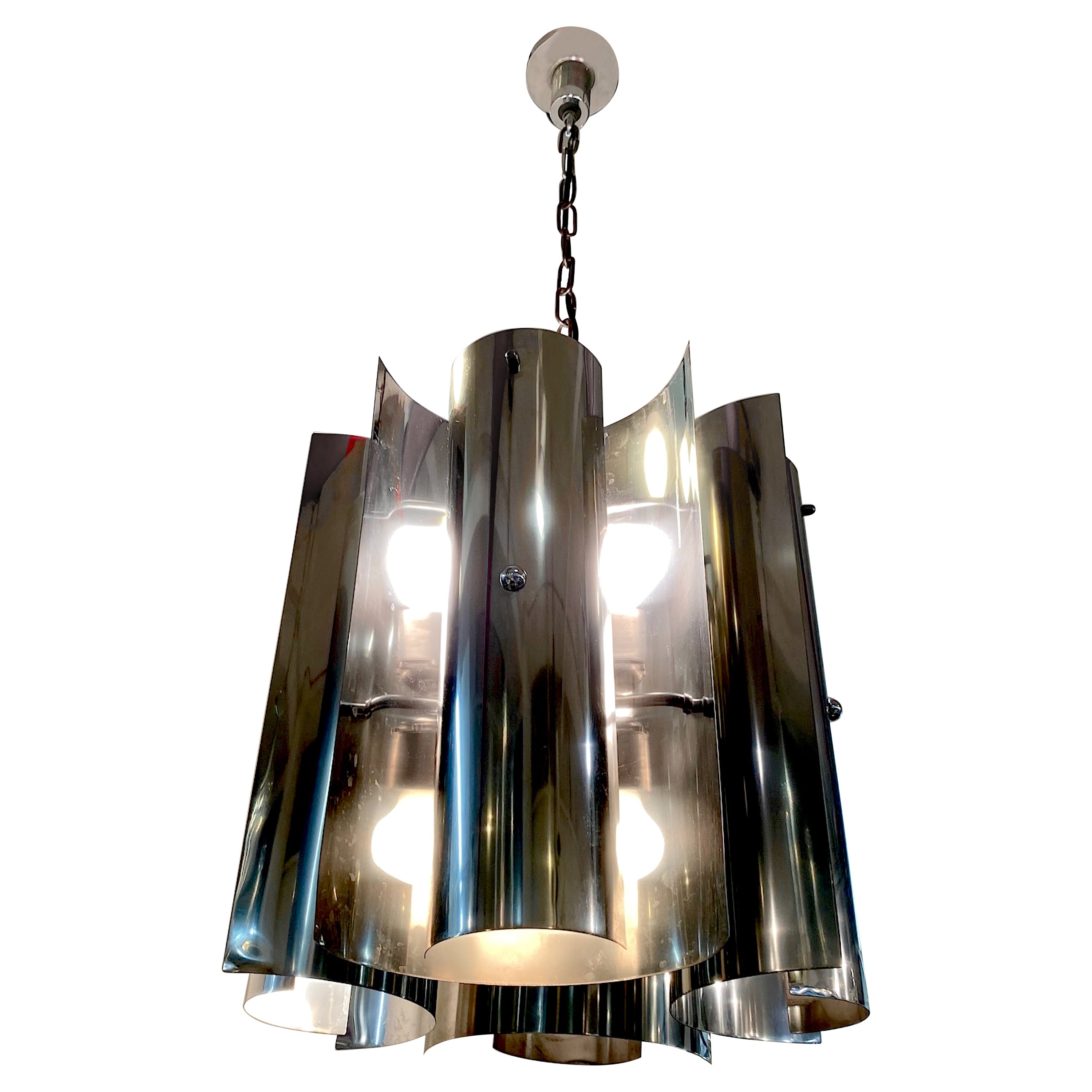 Italian 1970s Modern Chrome 8 Light Chandelier