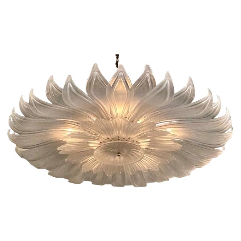 Modern Frosted Murano Glass Leaf Form Flush Mount Chandelier For Sale