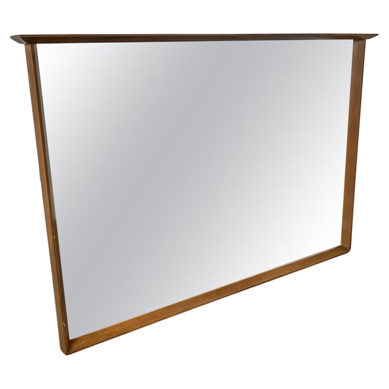 1960s MidCentury Large Horizontal Wood Framed Wall Mirror with Ledge