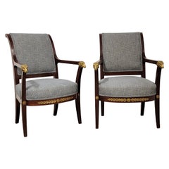 19th-C. Italian Neo-Classical Style Bergere Chairs with Cast Bronze Rams, Pair