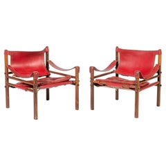 Arne Norell Red Leather and Wood Safari Chairs