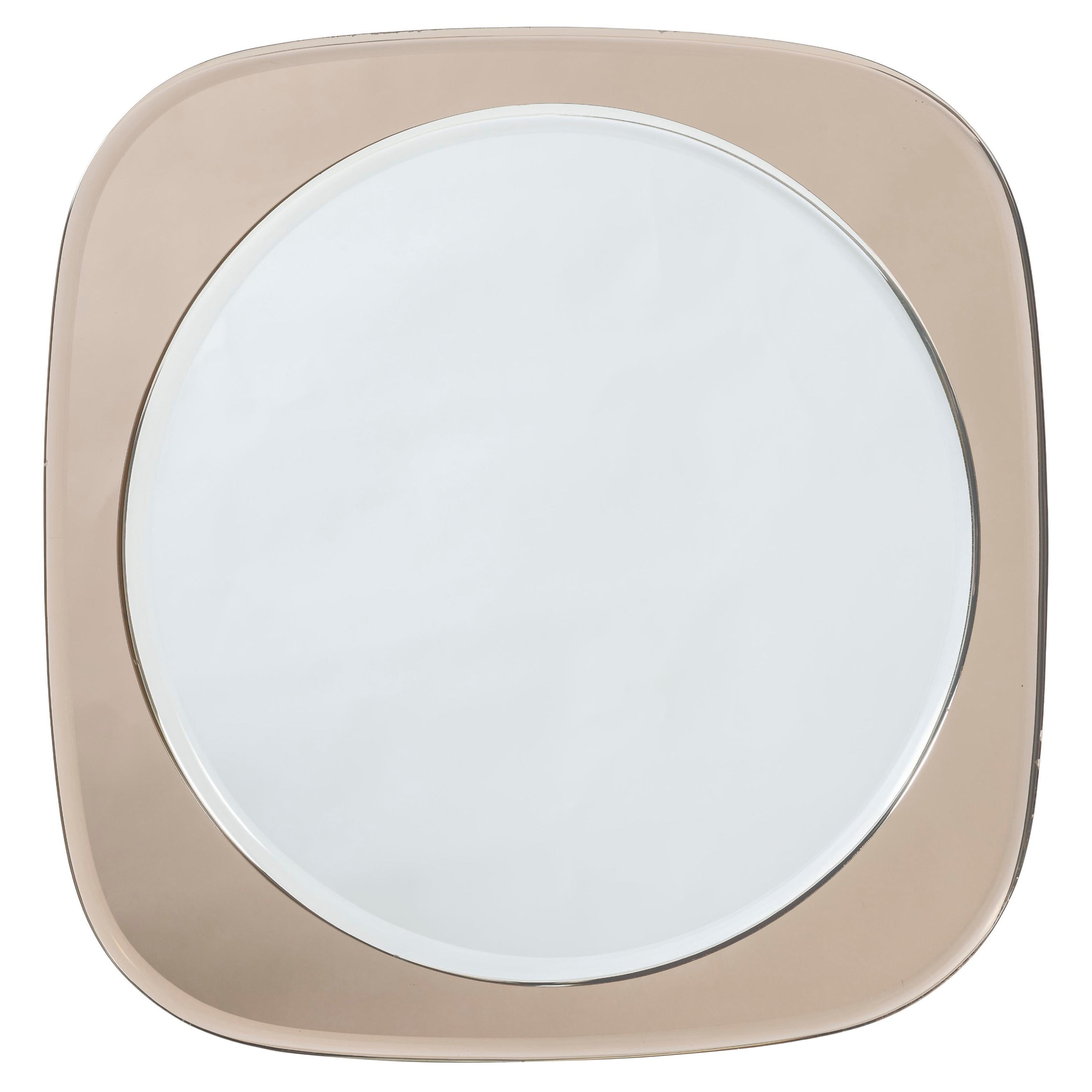 Italian 1960s Circular Mirror with Square Smoky-Brown Glass Mirror Frame