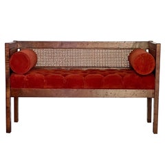 Vintage Midcentury Upholstered Cane Parlor Bench
