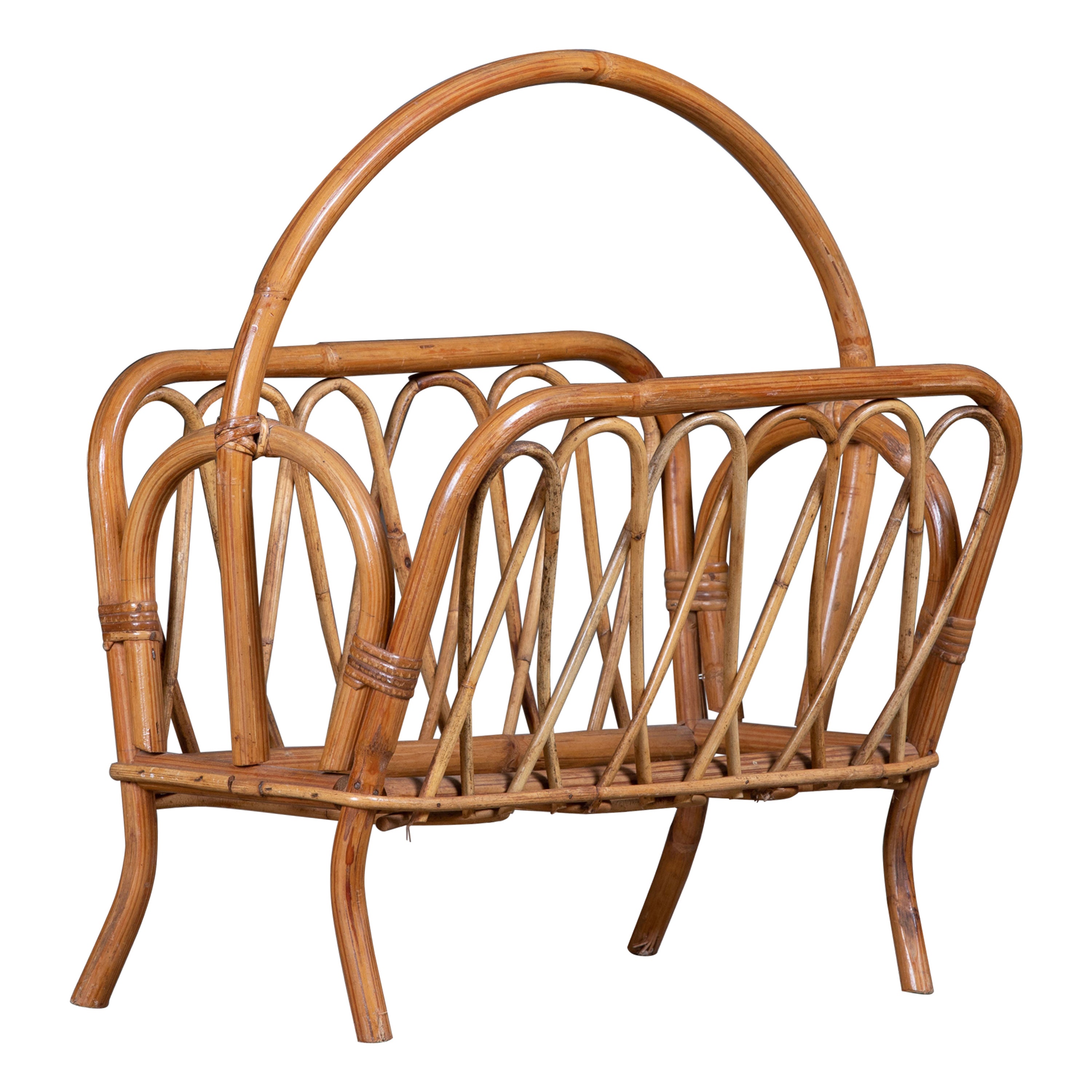 Italian Bamboo Rattan Bohemian French Riviera Magazine Rack Stand, 1960s