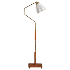 Lampada da terra di design svedese, ottone, legno, tessuto, Svezia, anni '1930