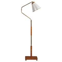 Vintage Swedish Designer, Floor Lamp, Brass, Wood, Fabric, Sweden, 1930s