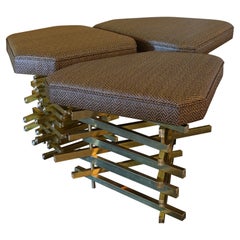 Set of Three Stools in Natural Brass and Brown Jacquard Rafia Fabric