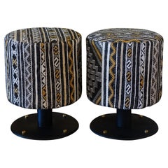 Vintage 1970's Italian Pair of Stools Black Steel, Berber Wool Upholstery, Brass Details