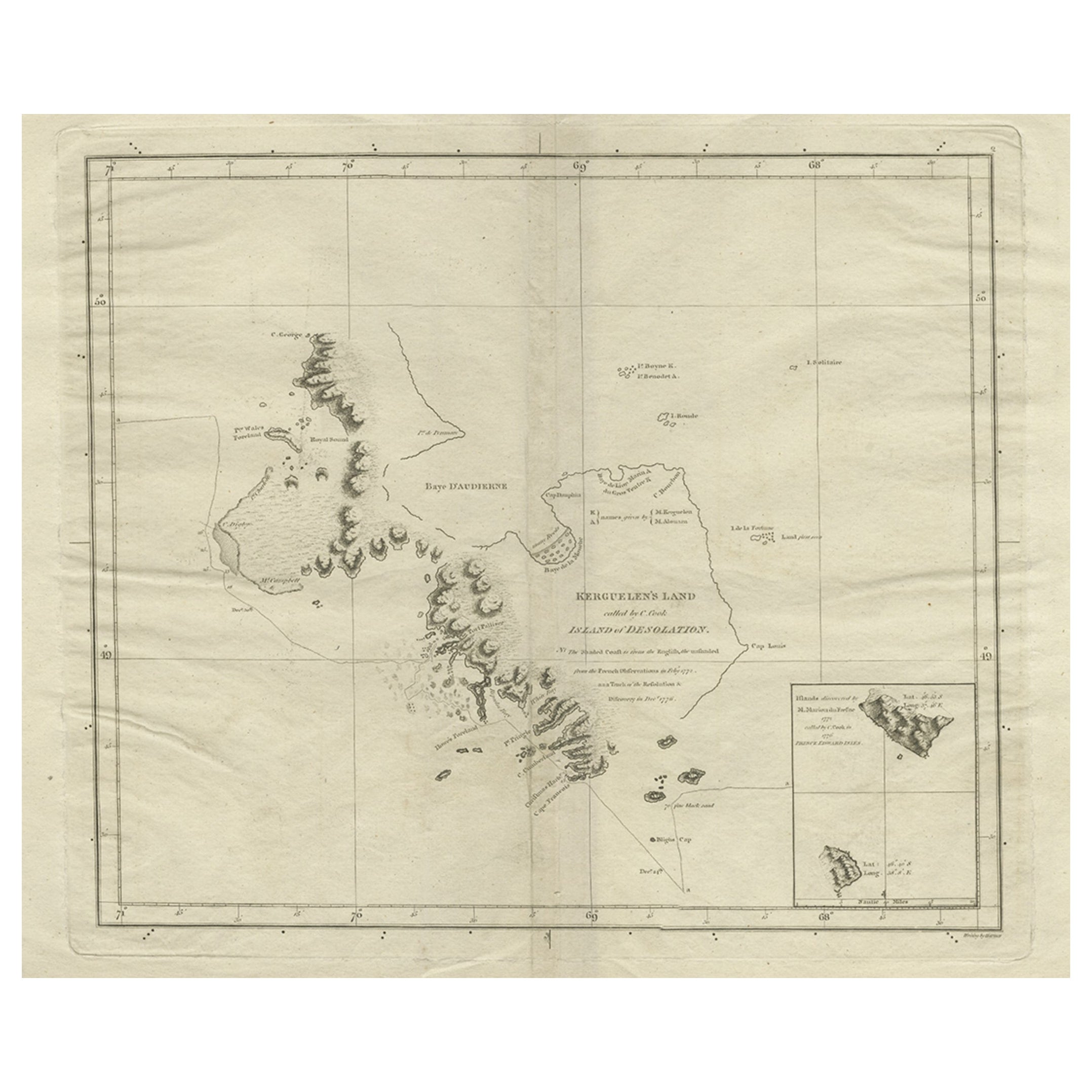 Antique Map of Kerguelens Island Coast in the Indian Ocean by Cook, 1785 For Sale