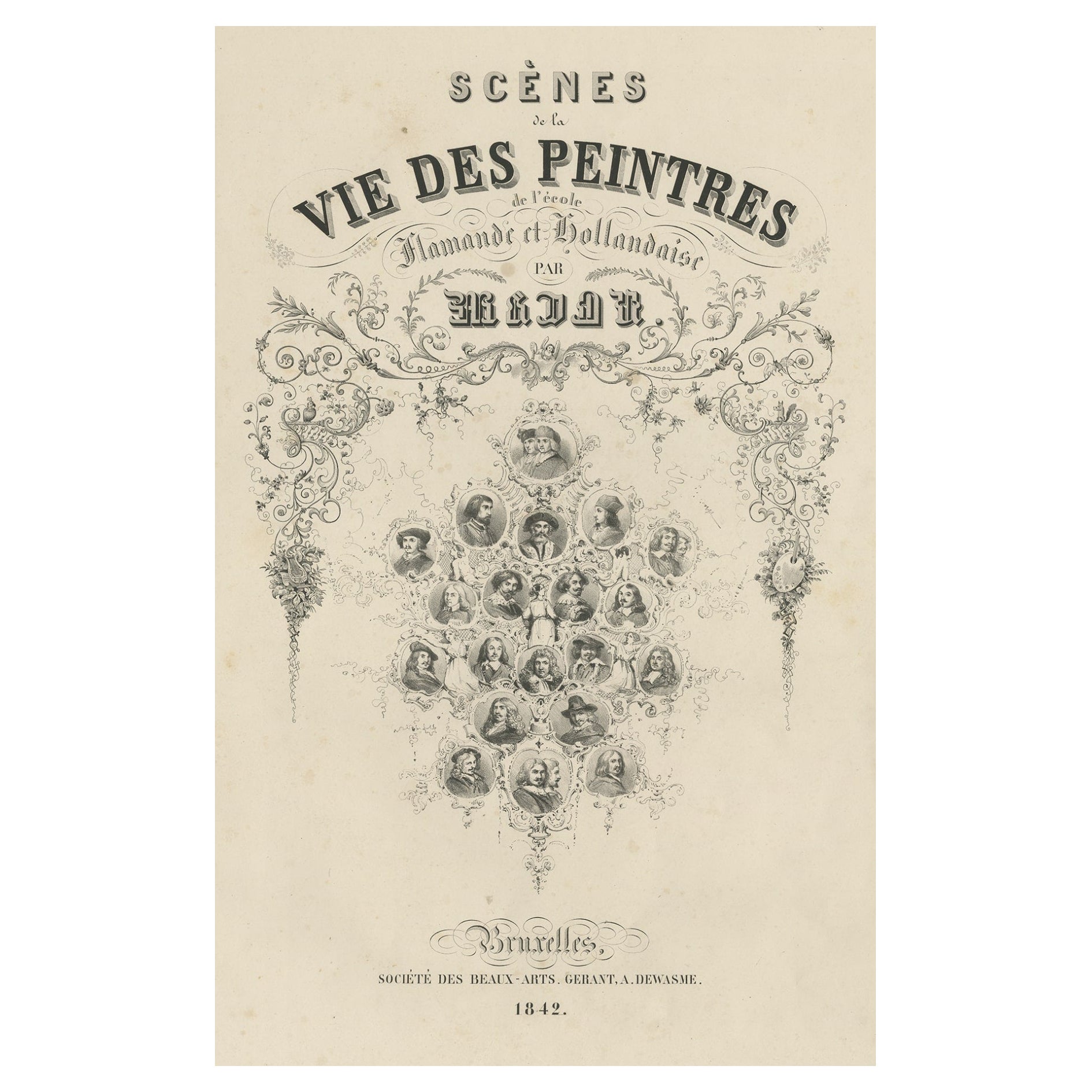 Stampa antica con ritratti di pittori della scuola fiamminga e olandese, 1842 in vendita