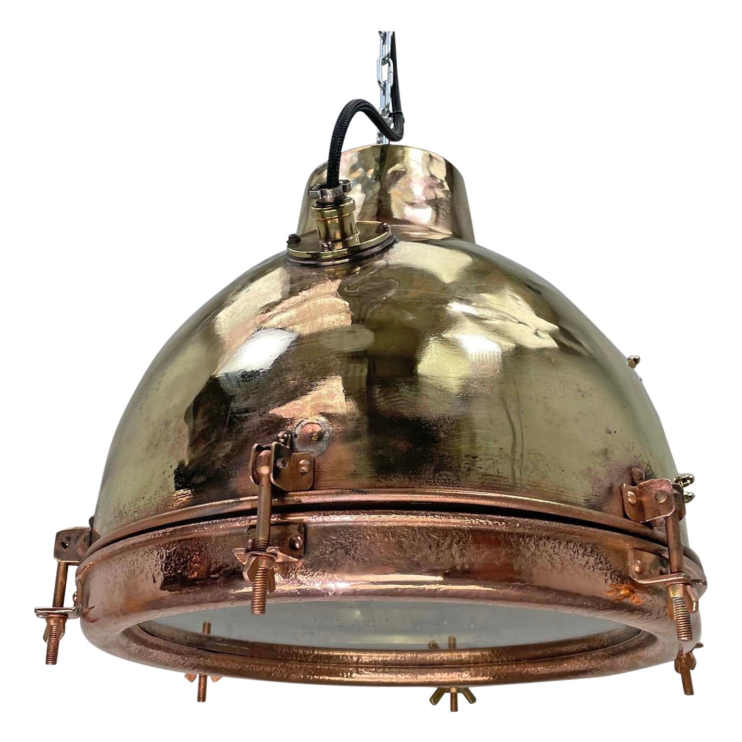 1960s Japanese Industrial Brass, Copper and Glass Dome Pendant Light