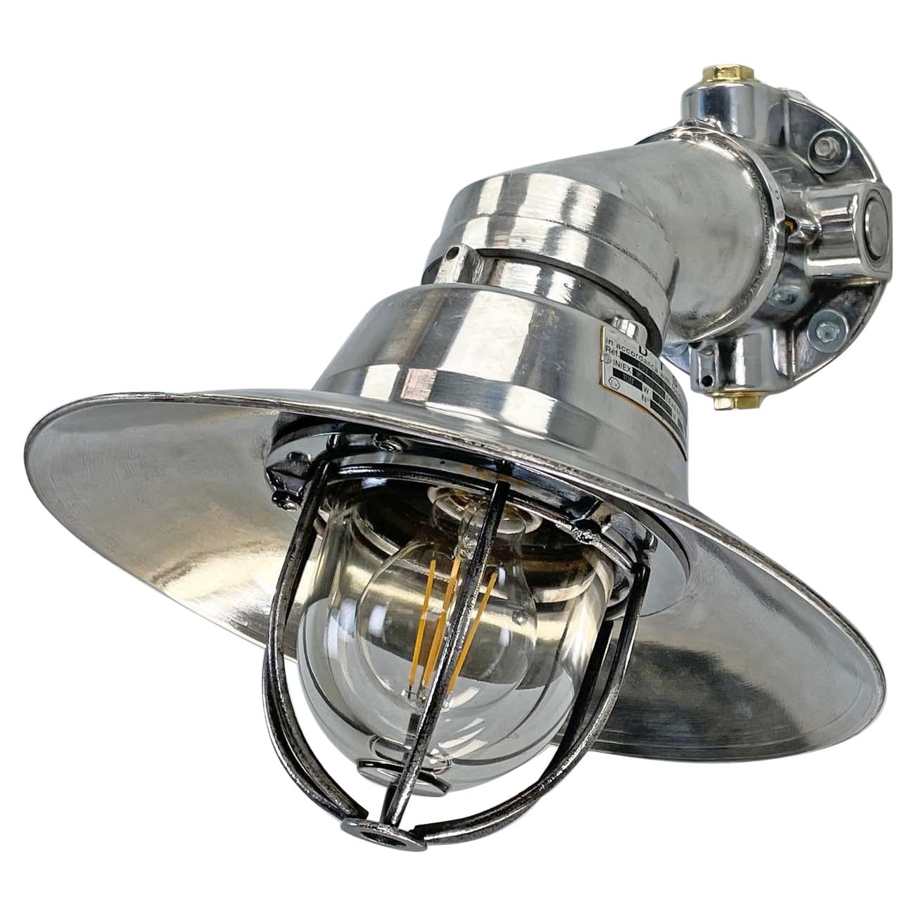 1980's Italian Cast Aluminum Flameproof Cantilever Wall Sconce with Cage & Shade For Sale