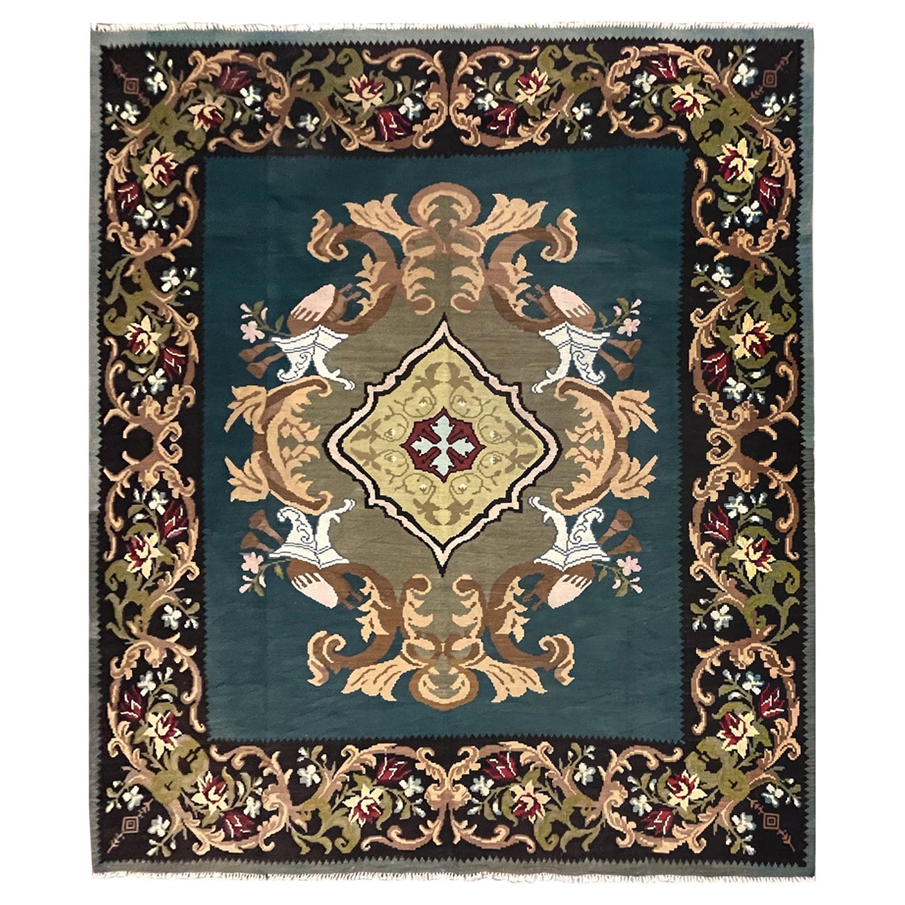 Teal Green Kilim Rug Handwoven Oriental Carpet Moldavian Area Rug For Sale