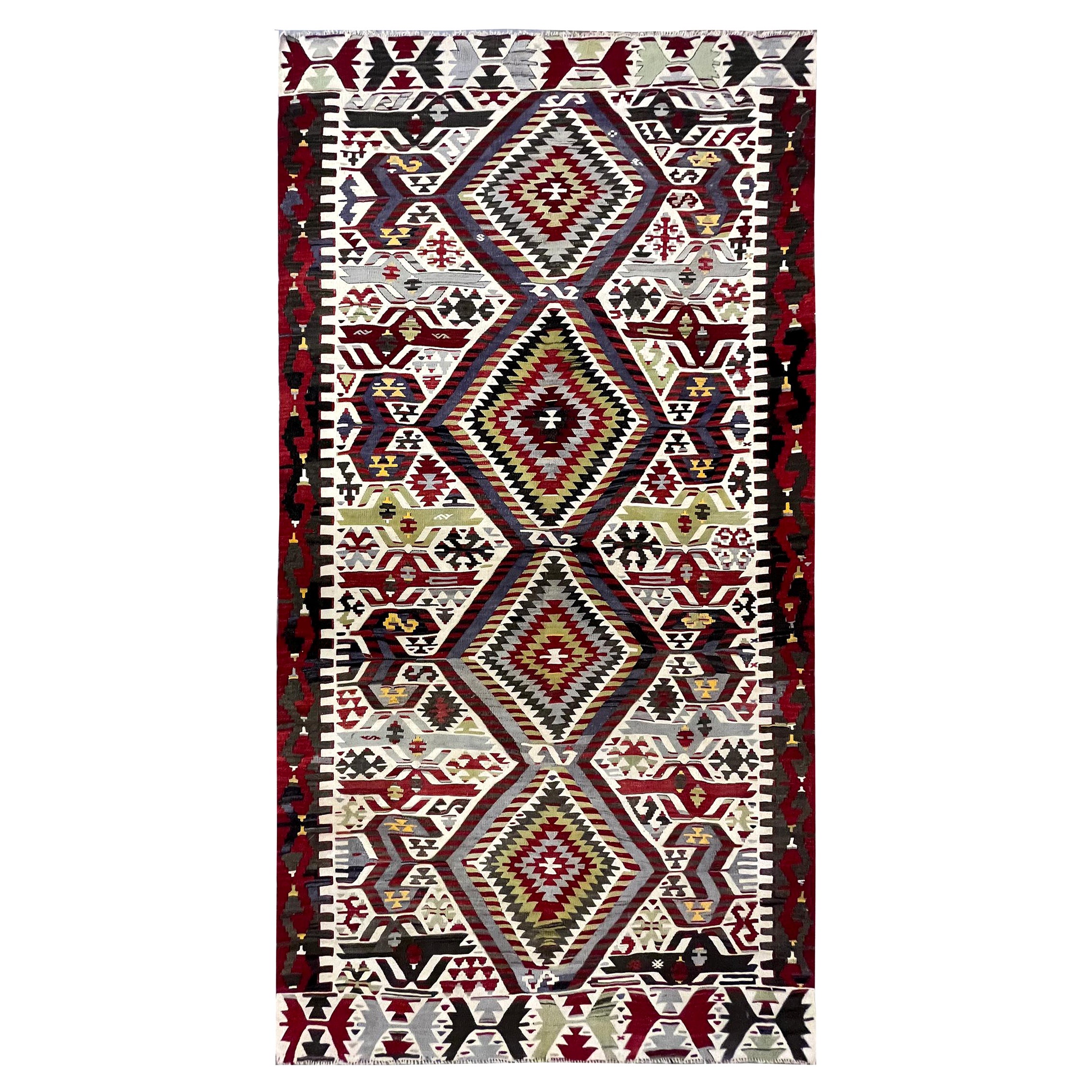 Geometrischer, antiker, traditioneller, handgefertigter Kelim-Teppich