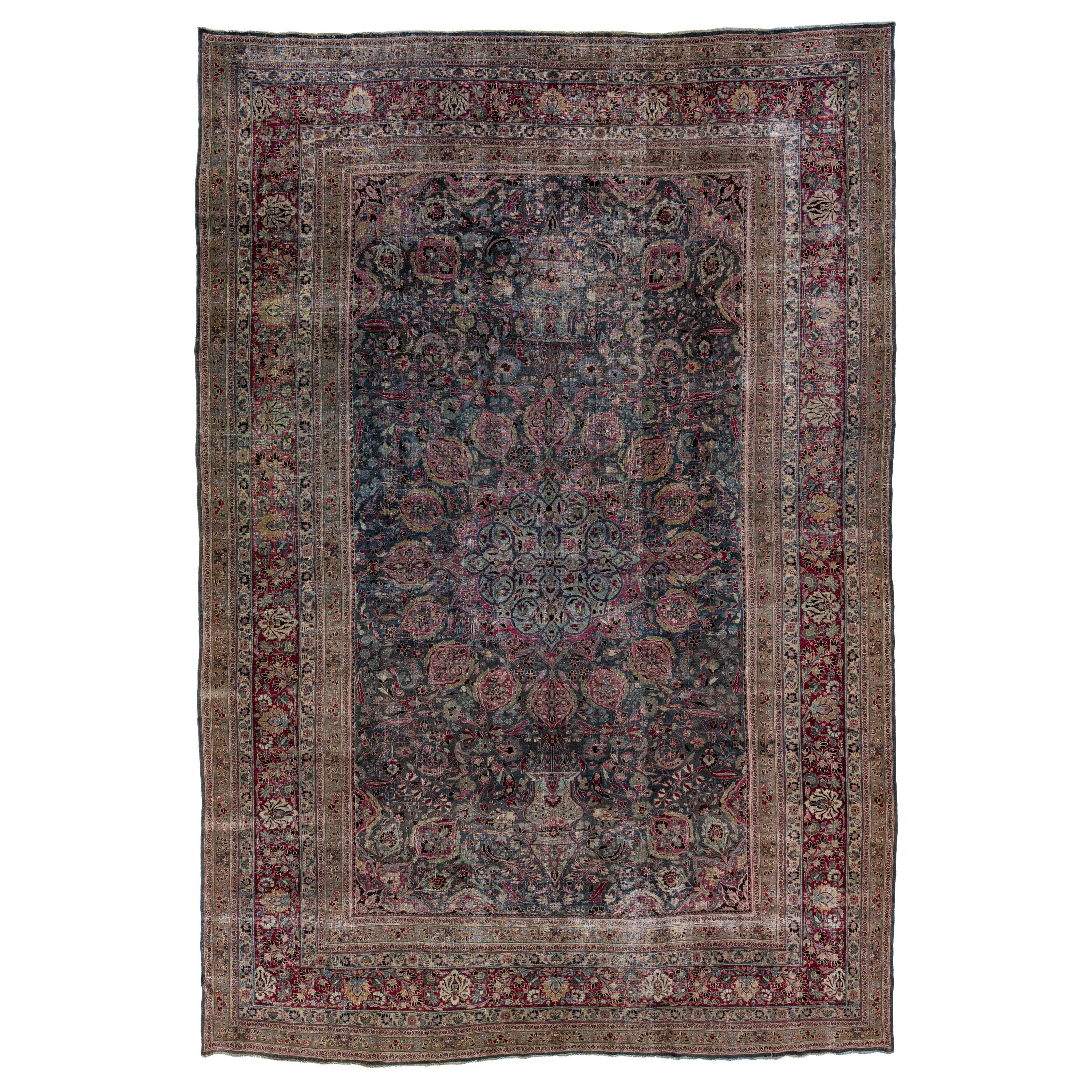 Antique Overdyed Handmade Grey & Pink Medallion Persian Wool Rug For Sale