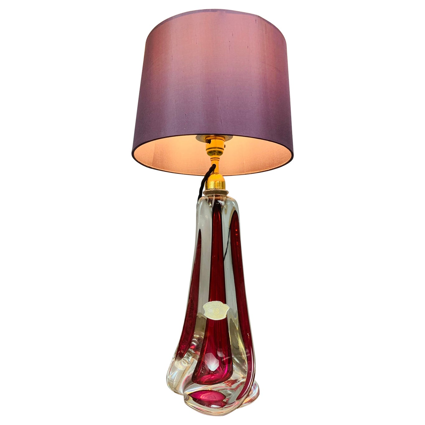 1950s Belgium Val Saint Lambert Red & Clear Crystal Glass % Brass Table Lamp