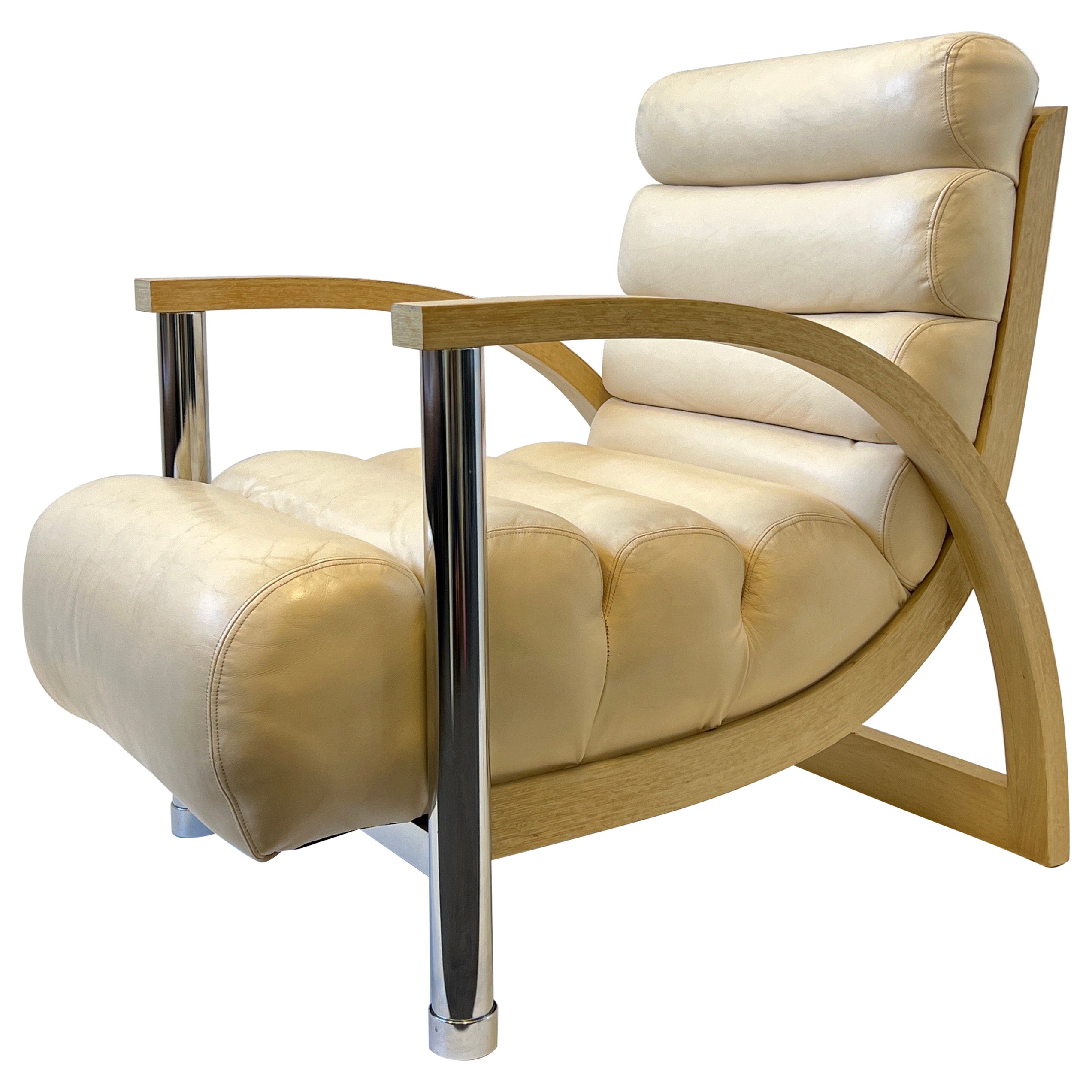 off White Leather and Chrome Lounge Chair by Jay Spectre  For Sale