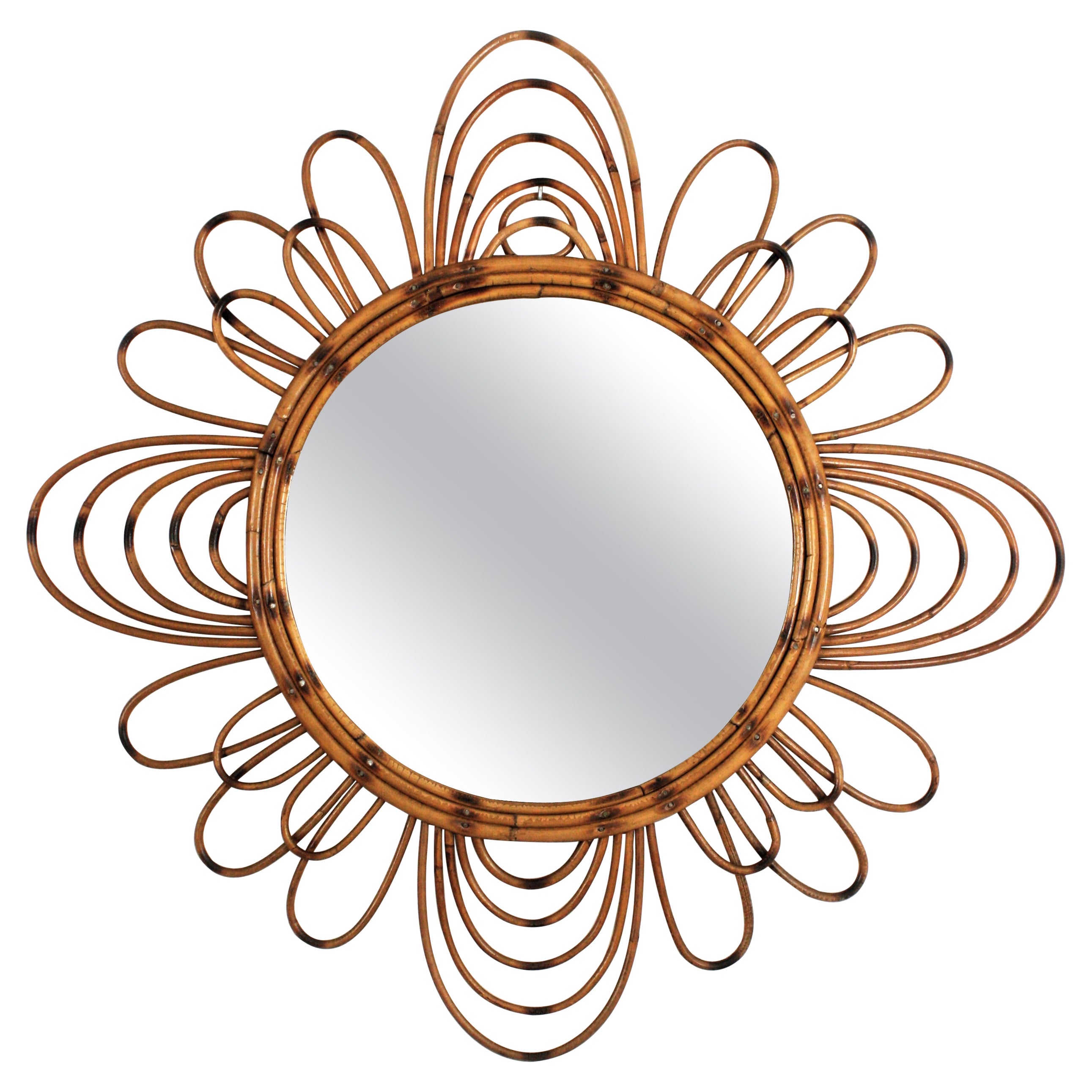 1950s French Riviera Rattan Sunburst Flower Mirror For Sale