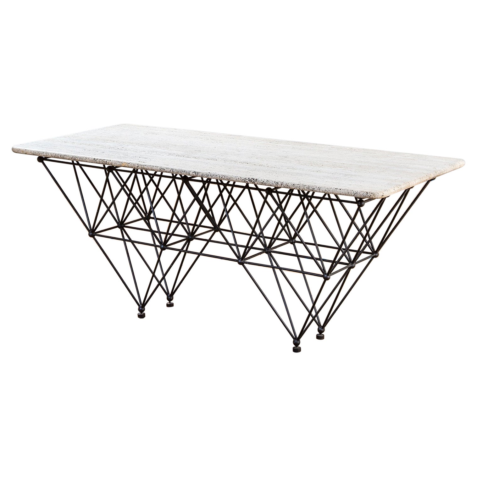 20th Century Giovanni Ferrabini Large Dining Table in Metal and Top Travertine For Sale