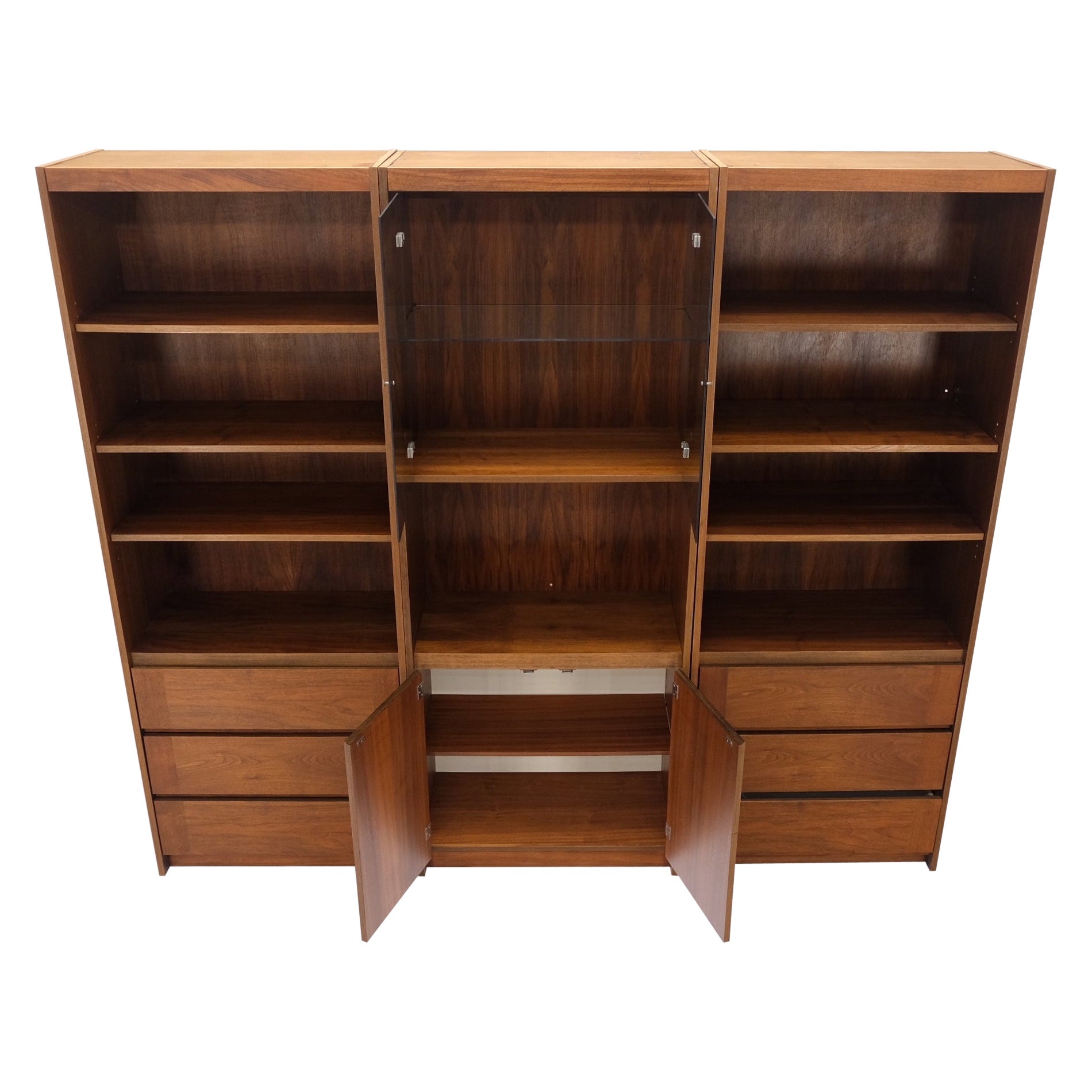 3 Bay Mid-Mentury Modern Walnut Glass Doors Bookcase Wall Unit Curio Cabinet For Sale