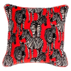 Red Velvet Cushion Cover with Hand-Drawn Zebra Image Pillow