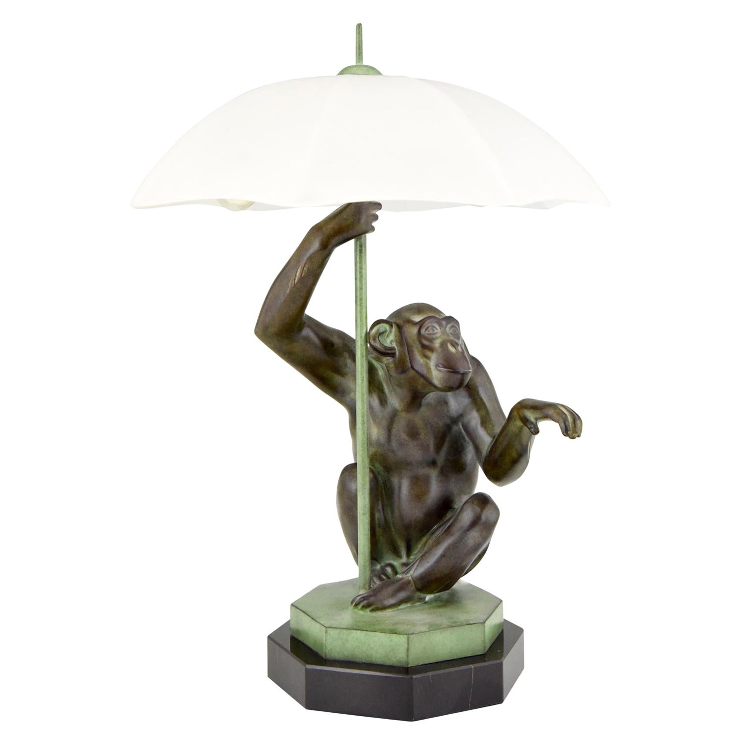 Art Deco Style Table Lamp Monkey with Umbrella by Max Le Verrier France