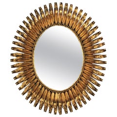 Gilt Sunburst Eyelash Oval Mirror, Wrought Iron, 1950s